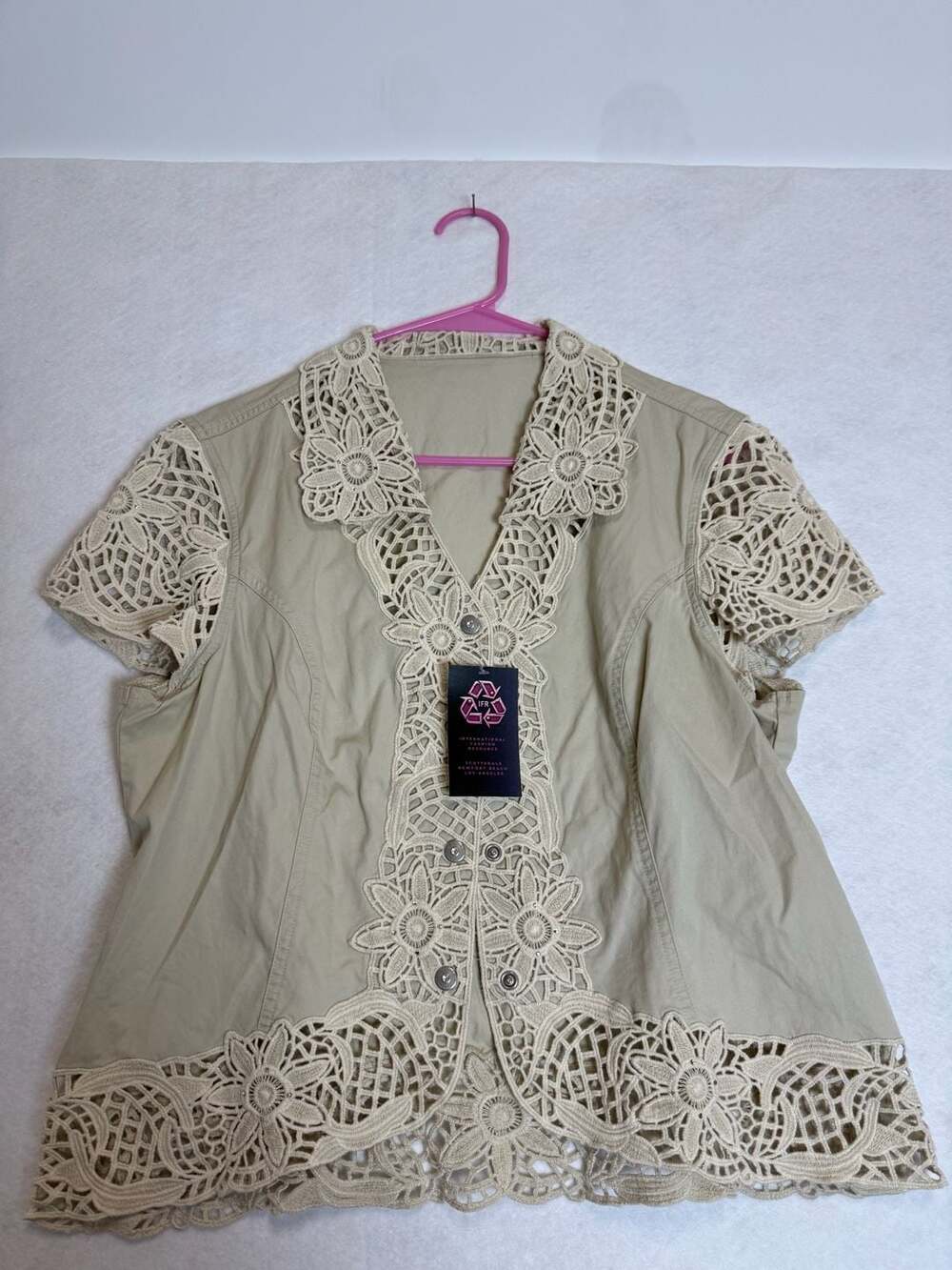 Lafei-Nier Women's Beige Cotton Button-Down Blouse with Crochet Lace Overlay